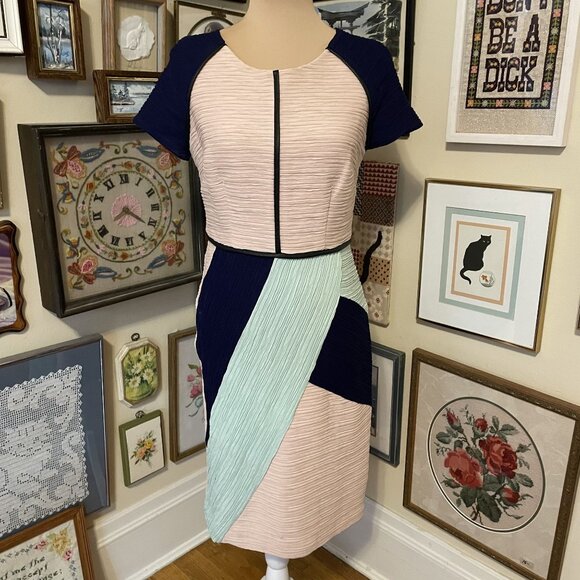 Maeve Anthropologie Pastel Colorblock Midi Dress With Short Sleeve & Back Zipper - Picture 1 of 7